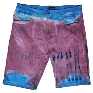 Makobi Men's Denim Shorts Blue and Burgundy Tie Dye Size 42